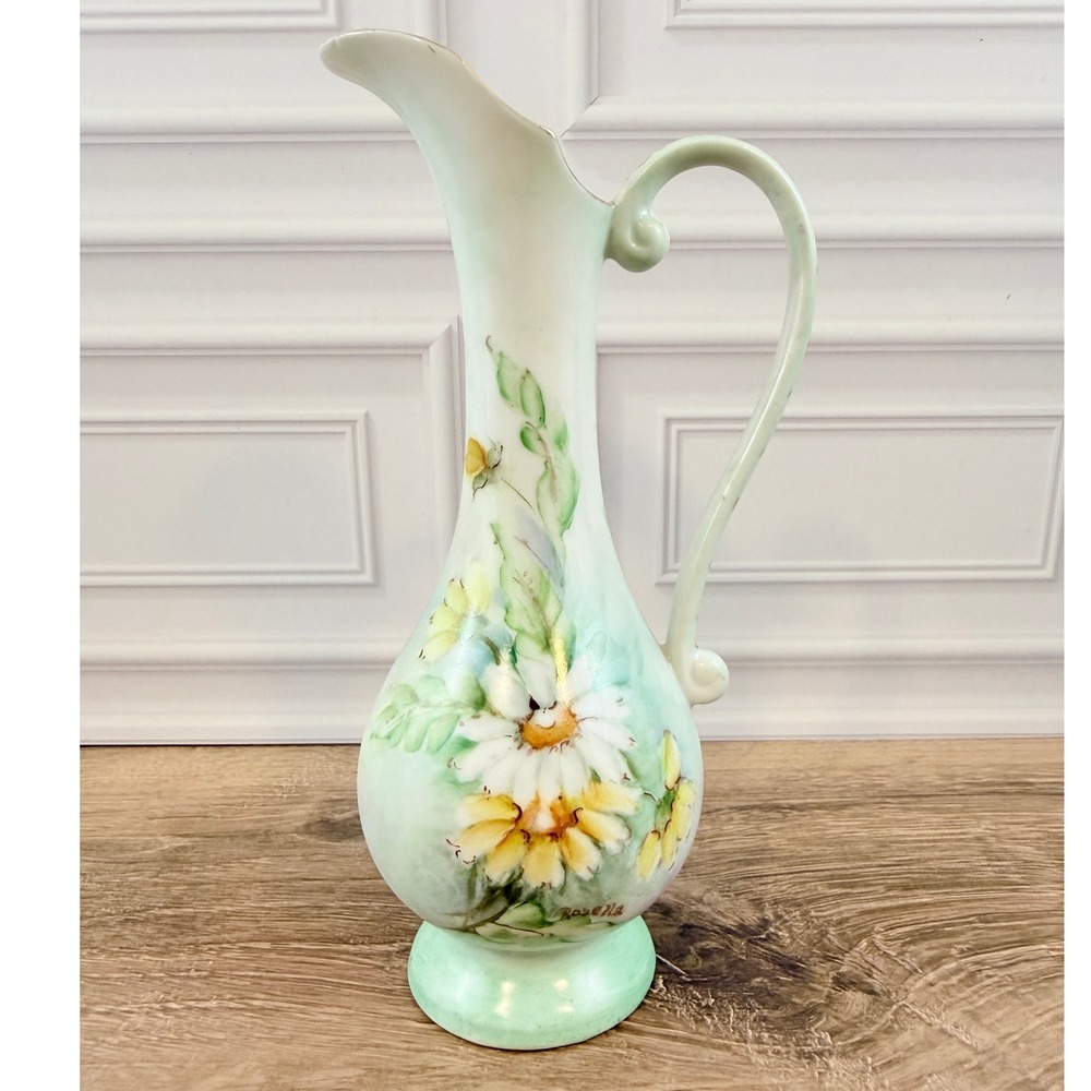 VTG 1974 Hand Painted Green Yellow Gilded Floral Ceramic Pitcher Signed 7"